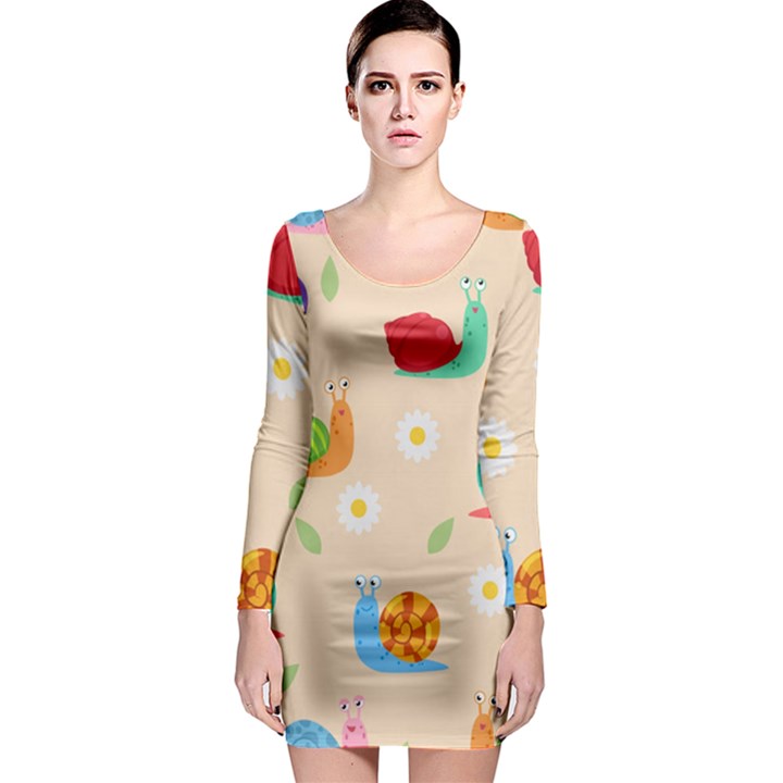 Seamless Pattern Cute Snail With Flower Leaf Long Sleeve Bodycon Dress