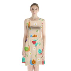 Seamless Pattern Cute Snail With Flower Leaf Sleeveless Waist Tie Chiffon Dress by Simbadda