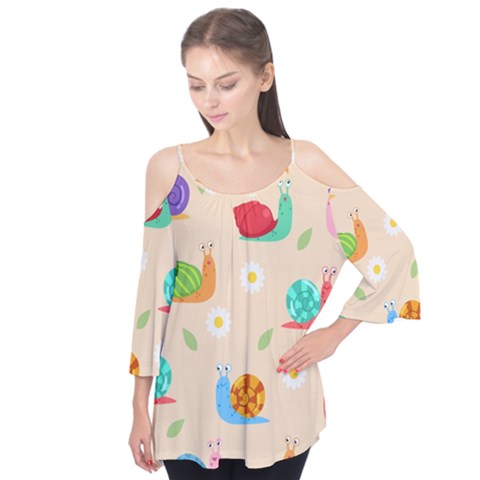 Seamless Pattern Cute Snail With Flower Leaf Flutter Sleeve Tee  by Simbadda