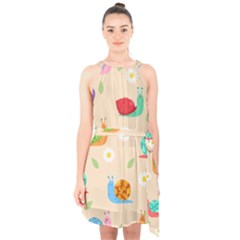 Seamless Pattern Cute Snail With Flower Leaf Halter Collar Waist Tie Chiffon Dress by Simbadda