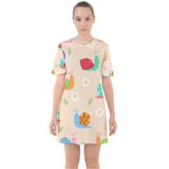 Seamless Pattern Cute Snail With Flower Leaf Sixties Short Sleeve Mini Dress by Simbadda