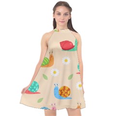 Seamless Pattern Cute Snail With Flower Leaf Halter Neckline Chiffon Dress  by Simbadda