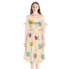 Seamless Pattern Cute Snail With Flower Leaf Shoulder Tie Bardot Midi Dress by Simbadda