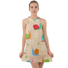 Seamless Pattern Cute Snail With Flower Leaf Halter Tie Back Chiffon Dress by Simbadda