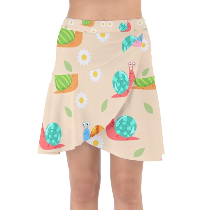 Seamless Pattern Cute Snail With Flower Leaf Wrap Front Skirt