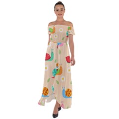 Seamless Pattern Cute Snail With Flower Leaf Off Shoulder Open Front Chiffon Dress by Simbadda