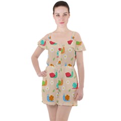 Seamless Pattern Cute Snail With Flower Leaf Ruffle Cut Out Chiffon Playsuit by Simbadda