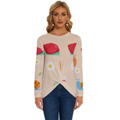 Seamless Pattern Cute Snail With Flower Leaf Long Sleeve Crew Neck Pullover Top