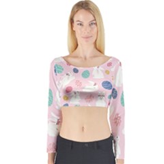 Cute Bunnies Easter Eggs Seamless Pattern Long Sleeve Crop Top by Simbadda