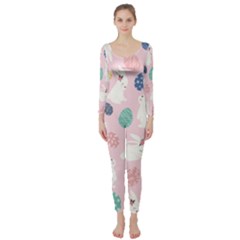 Cute Bunnies Easter Eggs Seamless Pattern Long Sleeve Catsuit by Simbadda