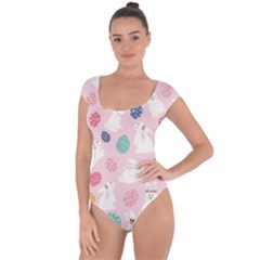 Cute Bunnies Easter Eggs Seamless Pattern Short Sleeve Leotard  by Simbadda