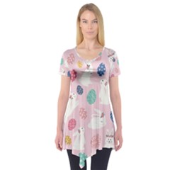 Cute Bunnies Easter Eggs Seamless Pattern Short Sleeve Tunic  by Simbadda