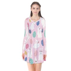 Cute Bunnies Easter Eggs Seamless Pattern Long Sleeve V-neck Flare Dress by Simbadda