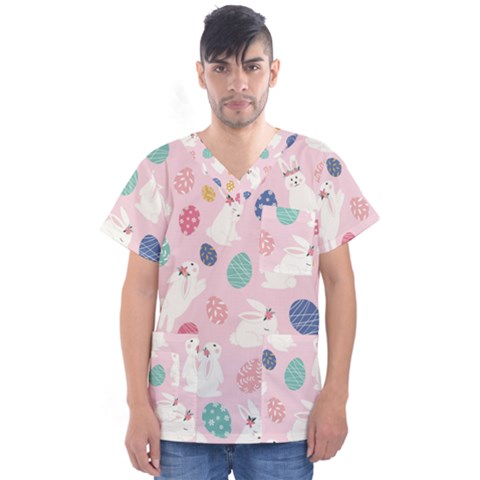 Cute Bunnies Easter Eggs Seamless Pattern Men s V-neck Scrub Top by Simbadda