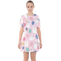 Cute Bunnies Easter Eggs Seamless Pattern Sixties Short Sleeve Mini Dress by Simbadda