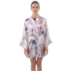 Cute Bunnies Easter Eggs Seamless Pattern Long Sleeve Satin Kimono by Simbadda