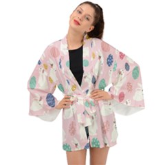 Cute Bunnies Easter Eggs Seamless Pattern Long Sleeve Kimono by Simbadda