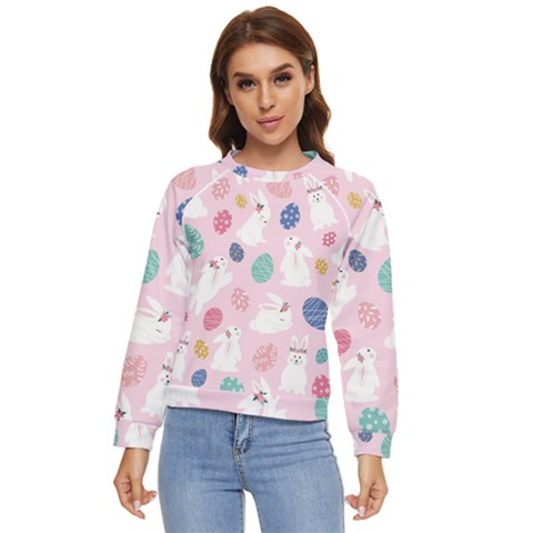 Cute Bunnies Easter Eggs Seamless Pattern Women s Long Sleeve Raglan Tee by Simbadda