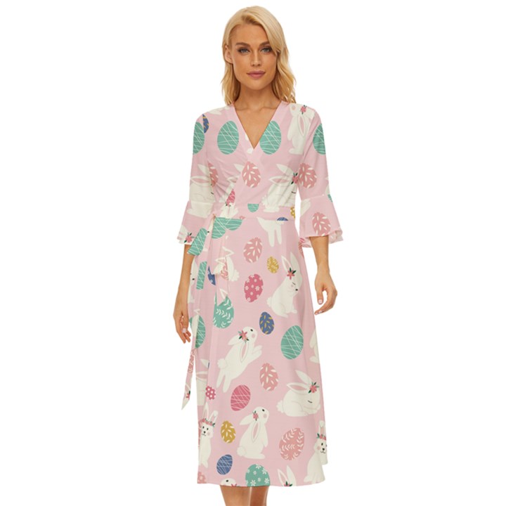 Cute Bunnies Easter Eggs Seamless Pattern Midsummer Wrap Dress