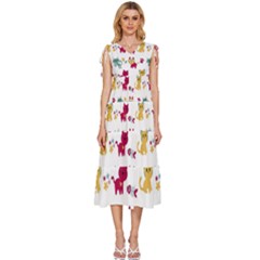 Pattern With Cute Cats V-neck Drawstring Shoulder Sleeveless Maxi Dress