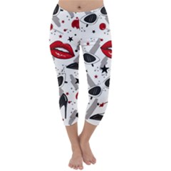 Red Lips Black Heels Pattern Capri Winter Leggings  by Simbadda