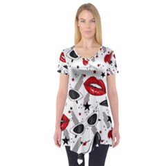 Red Lips Black Heels Pattern Short Sleeve Tunic  by Simbadda