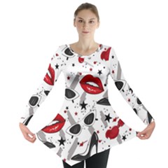 Red Lips Black Heels Pattern Long Sleeve Tunic  by Simbadda