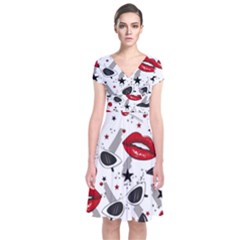 Red Lips Black Heels Pattern Short Sleeve Front Wrap Dress by Simbadda