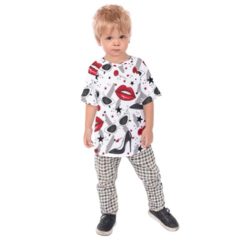 Red Lips Black Heels Pattern Kids  Raglan Tee by Simbadda