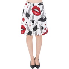 Red Lips Black Heels Pattern Velvet High Waist Skirt by Simbadda