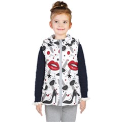 Red Lips Black Heels Pattern Kids  Hooded Puffer Vest by Simbadda