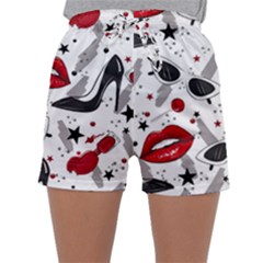 Red Lips Black Heels Pattern Sleepwear Shorts by Simbadda