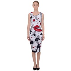 Red Lips Black Heels Pattern Sleeveless Pencil Dress by Simbadda