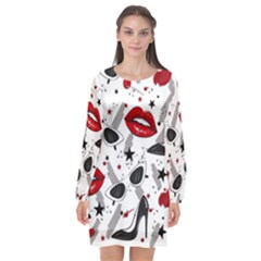 Red Lips Black Heels Pattern Long Sleeve Chiffon Shift Dress  by Simbadda