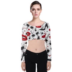 Red Lips Black Heels Pattern Velvet Long Sleeve Crop Top by Simbadda