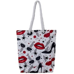 Red Lips Black Heels Pattern Full Print Rope Handle Tote (small) by Simbadda