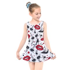 Red Lips Black Heels Pattern Kids  Skater Dress Swimsuit by Simbadda