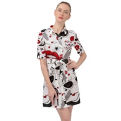 Red Lips Black Heels Pattern Belted Shirt Dress by Simbadda