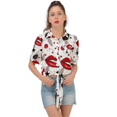 Red Lips Black Heels Pattern Tie Front Shirt  by Simbadda