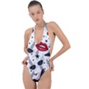 Red Lips Black Heels Pattern Backless Halter One Piece Swimsuit View1