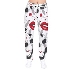 Red Lips Black Heels Pattern Women Velvet Drawstring Pants by Simbadda