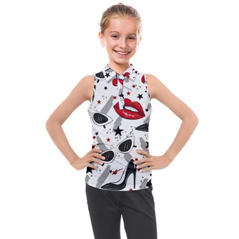 Red Lips Black Heels Pattern Kids  Sleeveless Polo Tee by Simbadda