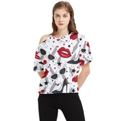 Red Lips Black Heels Pattern One Shoulder Cut Out Tee by Simbadda