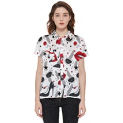 Red Lips Black Heels Pattern Short Sleeve Pocket Shirt by Simbadda