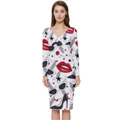 Red Lips Black Heels Pattern Long Sleeve V-neck Bodycon Dress  by Simbadda