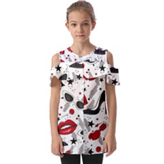 Red Lips Black Heels Pattern Fold Over Open Sleeve Top by Simbadda