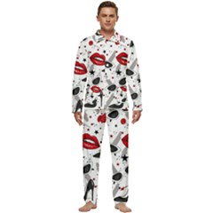 Red Lips Black Heels Pattern Men s Long Sleeve Velvet Pocket Pajamas Set by Simbadda