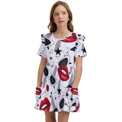 Red Lips Black Heels Pattern Kids  Frilly Sleeves Pocket Dress by Simbadda