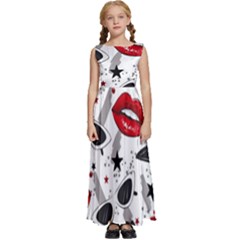 Red Lips Black Heels Pattern Kids  Satin Sleeveless Maxi Dress by Simbadda