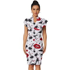 Red Lips Black Heels Pattern Vintage Frill Sleeve V-neck Bodycon Dress by Simbadda